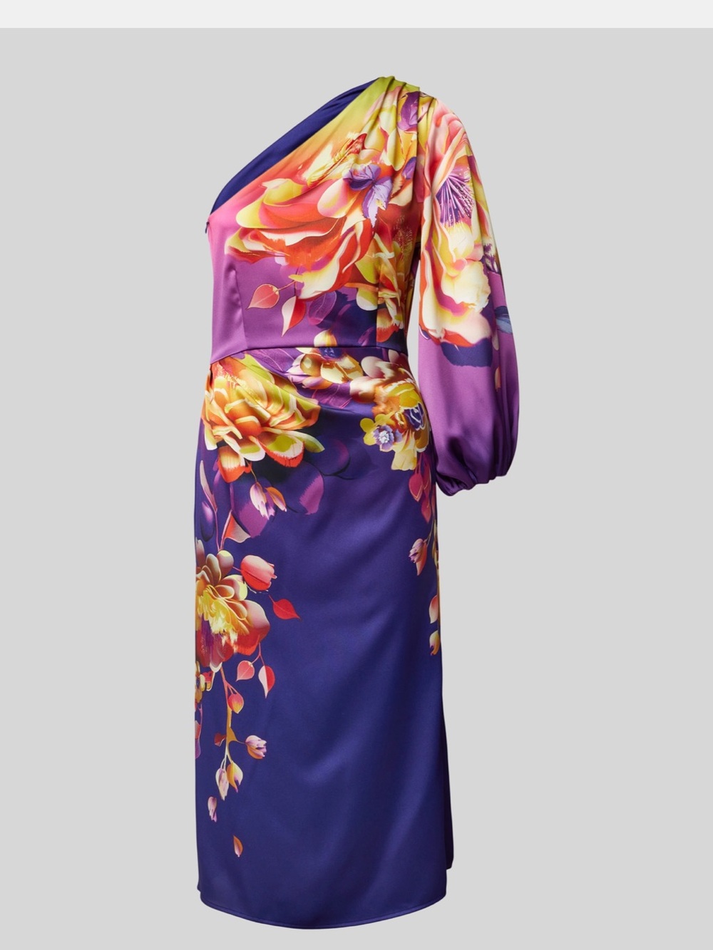 Marc Cain One-Shoulder Floral Satin Dress in Purple and Yellow